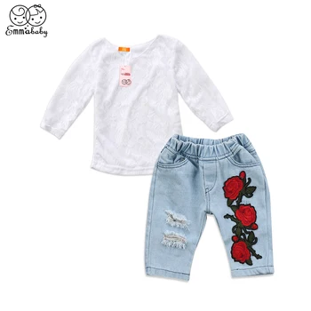 New sosire copil haine de moda set Toddler Copii Fete Copii alb Dantelă Topuri Tricou 3D cu Flori gaura Denim Pantaloni de Costum Set Haine