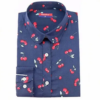 Noi Cherry Imprimat Cu Maneca Lunga Bluza Vintage Rândul Său, În Jos Guler Stripe Shirt Blusas Feminino Doamnelor Bluze Topuri De Femei De Moda