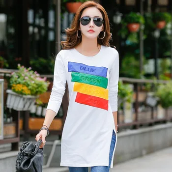 Noi de Iarna Tricou Tunică Lungă Bluze Mânecă Lungă T-shirt Pentru Femei de Moda Mozaic de Bumbac Femei T-shirt Camisas Femininas