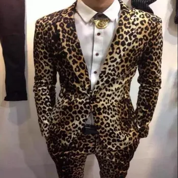 Noua Moda Mens Slim Fit-Un Singur Buton Sacouri Pentru Om O Calitate De Top Marcă Club De Noapte Sacou Leopard Costume Pantaloni Show Straturi