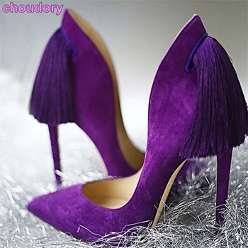 Noul produs femei violet galben pompe de piele de căprioară super subtire cu toc subliniat toe pantofi de lux grațios înapoi franjuri părți de încălțăminte