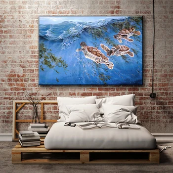Pastorală de animale drăguț țestoasele de mare, peisaj marin pictura in ulei pe panza tiparituri imprimate pe panza de casa arta de perete decor imagine