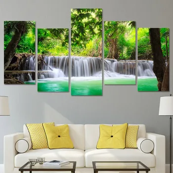 Perete Panza Imagini de Artă Home Decor Living Poster 5 Bucati Cascadă Verde Copac Peisaj Pictura Modernă Printuri Cadru PENGDA