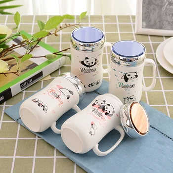 Portabile Ieftine Drăguț Amuzant Birou Modern Creativ Cadou Personalizat Panda Priting Ceramice De Cafea Cana De Ceai Cu Capac Oglinda