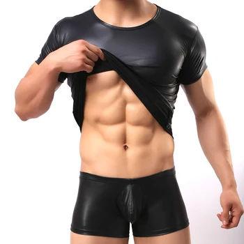 PU Piele T Shirt Barbati Sexy Fitness O-Gât Topuri Gay Boxeri Barbati etapă Tricou Haine Casual Slip&tees Top Strâmt Seturi Costum