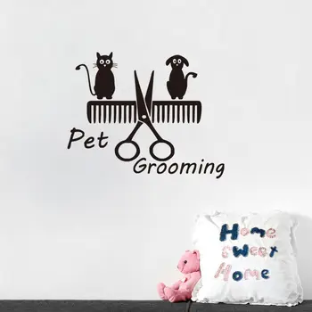 Q047 Câinele și Pisica Sta Pe Pieptene Autocolant Foarfece Citat animale de Companie manipularea psihologică de Perete Decal Transport Gratuit
