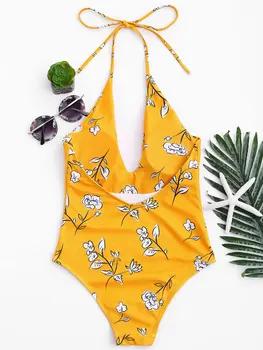 QIANG YI 2018 stiluri de Vară Femei Halter costum de Baie Sexy Print-O singură Bucată de costume de Baie Costume de baie salopeta Adânc V Bikini Plaja de Înot