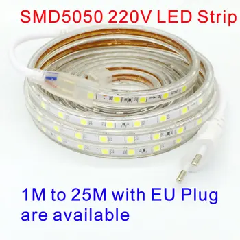 Rezistent la apa SMD5050 led bandă de lumină AC 220V SMD 5050 led benzi flexibile 60 led-uri/Metru 220 v grădină în aer liber de iluminat cu UE plug