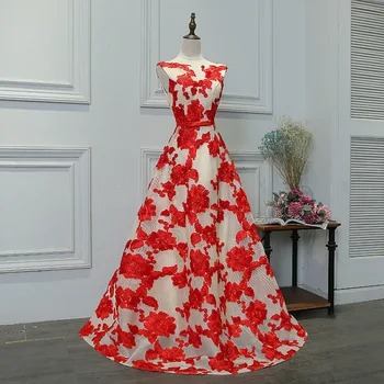 Roșu Seara rochie noua Lunga Broderie Dantelă gât Rotund banchet Backless de moda elegant performanță coreean rochie pentru Nunta