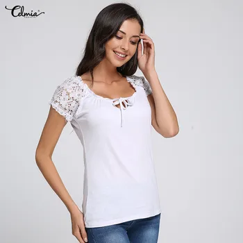 S-3XL Celmia Femei T-Shirt 2018 Vară de Moda Doamnelor V Gât Maneci Scurte Fata Cravată Subțire Cămașă Casual Dantela Sus Plus Dimensiune Tee