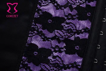 Sexy Violet / Negru Dantelă Florale Mozaic Corpul Talie Formator Corset Underbust Din Oțel Tras Talie Antrenor Cincher Femei Shapewear