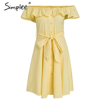 Simplee Zburli de pe umăr rochie de vara femei Streetwear cercevea rochie casual, din bumbac Butonul backless galben rochie scurta vestidos