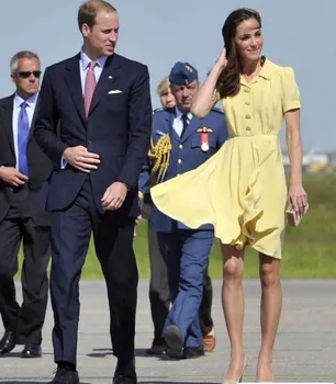 Solid De Culoare Galbenă Kate Middleton, Printesa Dres Moda Butonul Design Maneci Scurte Cutat Dreses