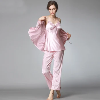 SSH036 Lady Silk Satin Pijama Femei Sexy Pijama 3 Piese Set de Pijamale V-neck Top Mâneci Complete Full Lungime Pantaloni îmbrăcăminte de noapte de Toamnă