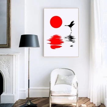 Stil japonez Apus de soare Silueta Panza Pictura Decor Acasă , Roșu-încoronat Macara de Perete Tradiționale Imagini de Arta de Imprimare Poster