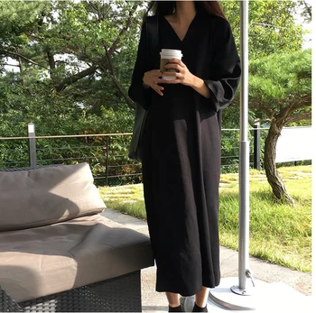 SuperAen coreea Style Femei Rochie Lunga 2018 Primăvară Nouă Femei Rochie Retro Culoare Solidă V-neck Loose cu maneca Lunga-Rochie de sex Feminin