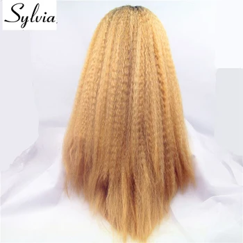 Sylvia blonda ombre pervers drept sintetice peruci fata dantelă cu rădăcini întunecate 260% densitate aspect natural rezistent la căldură fibra de păr