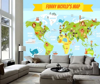 Tapet pentru copii, desene animate Amuzant hartă a lumii cu oameni de diferite naționalități și animale pentru băieți și fete camera dormitor