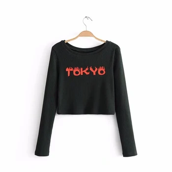TOKYO Roșu Scrisoarea Imprimate Femei O-gât Casual de Primavara Maneca Lunga Top T-shirt Scurt Lungime de Cultură Femei de Primăvară Crio Top Tee