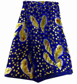 Transport gratuit (5yards/pc) albastru regal din Africa de catifea dantela tesatura cu model galben și pietre pentru a face rochie de petrecere VLB01