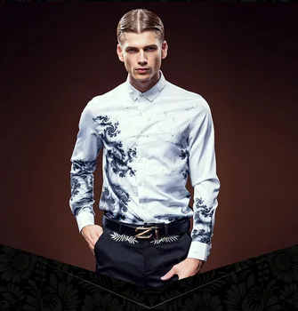 Transport gratuit Noua moda 2016 personalitate de sex masculin pentru Bărbați high-end cu mâneci lungi de cerneală de imprimare de flori camasa slim 612129 instock bluza
