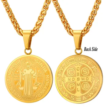 U7 Saint Benedict Coliere Rotunde Medalie De Aur Din Oțel Inoxidabil De Culoare Cruce Pandantive & Lanț Catolicism Bijuterii Pentru Barbati Cadou P763