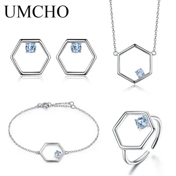 UMCHO Naturale Topaz Albastru Bijuterii Set925 Sterling de Argint Colier Inel Cercei Bratara Pentru Femei Bijuterii Fine