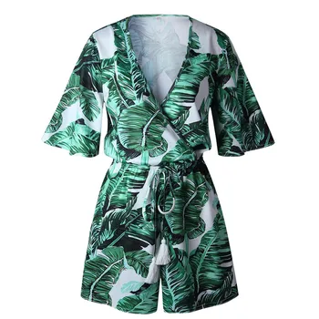 Vara 2018 Verde cu imprimeu Frunze Boem Salopete pentru Femei Salopetă pentru Femei Salopeta Sexy V-Neck Loose Bodysuit Salopete Salopete