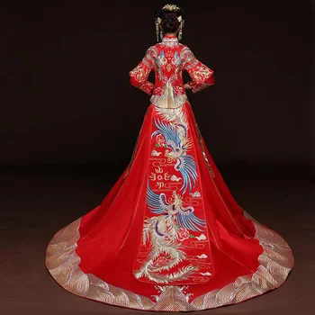 Vintage Red Rochie de Mireasa se casatoreste cu Vechi brodate phoenix palatul regal costum Tradițional de Femei din China, Nunta Cheongsam
