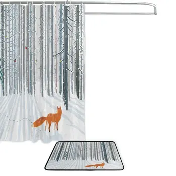 Vulpea în Pădure de Iarnă Peisaj Poliester Impermeabil Tesatura Perdea de Duș Set cu Cârlige Preș de Baie Podea Baie
