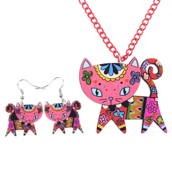 WEVENI Acrilice Imprimare Pisoi Adorabil Pisica de Bijuterii seturi de Colier Cercei Moda Bijuterii Animal Pentru Femei Guler Accesorii