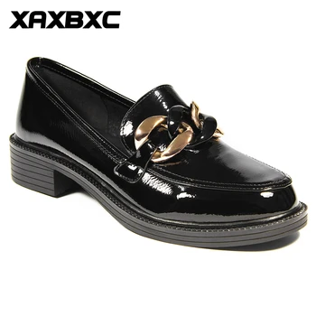 XAXBXC Stil Britanic Retro din Piele Pantofi Oxfords Plat Pantofi de dama Black Metal Lanț Rotund Toe Handmade Casual Pantofi de damă