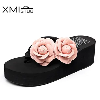 XMISTUO Femei de Vară Anti-derapare Flip Flops cu Flori, Papuci, Sandale de Moda 5.5 CM Tocuri inalte Papuci de Casa 8 Culoare 7096W