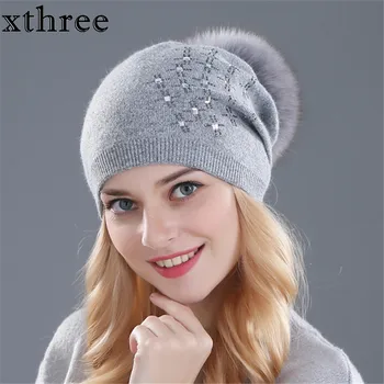Xthree femei iarna pălărie de blană de Iepure lână tricotate pălărie Strălucitoare Stras feminin de nurca pălării pentru femei căciuli