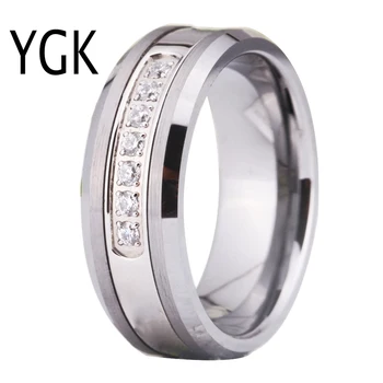 YGK Brand de Bijuterii de Vânzări la Cald 8MM Argint Teșite, Cu Suprafață Mată și 7 Alb CZ Pietre Tungsten Inel De Nunta