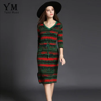 YuooMuoo Femei Pe Jumătate Cu Mâneci V-Gât Curea Subțire Armata Verde Cu Dungi Rochie De Primavara-Toamna Elegante, Tricotate Genunchi Lungime Rochii