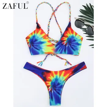 Zaful 2017 Noi Femeile Tie Dye Împletite Criss Cross Set De Bikini Sexy Curele De Spaghete Plaja Costume De Baie Femei Costume De Baie Costum De Baie