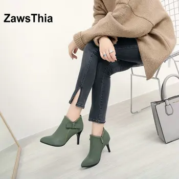 ZawsThia sweet lady tocuri inalte pantofi primavara toamna iarna pompe de ghete pentru femeie măsline verzi femei cizme glezna cu papion bowknot