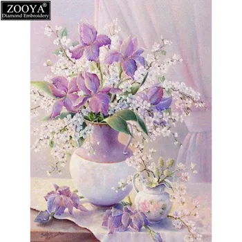 ZOOYA 5D DIY diamant broderie violet vaza cu flori de diamant pictura Cruce Cusatura complet Stras pătrat de mozaic decor acasă