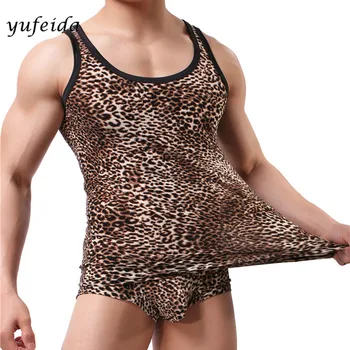 2 BUC/Set Vesta & Underwrar Bărbați Sexy Sleepwear Set Leopard Vesta Topuri Rezervor de Top Strălucitor Cămașă fără Mâneci Topuri Tricou Barbati Maieu