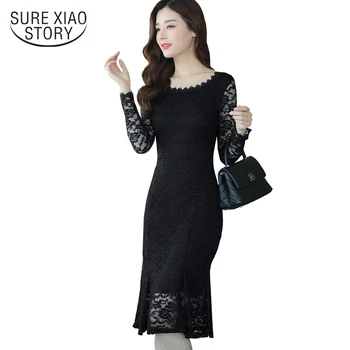 2017 nou elegant pentru femei de moda a pachetului hip rochie cu maneci lungi negru dantelă femei rochie Slim sexy femei coadă de pește rochie D118 30