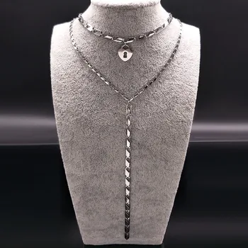 2017 Nouă Dragoste de Blocare Dublu Strat din Oțel Inoxidabil Colier Femei Bijuterii Argint Culoare Cravată Coliere Bijuterii Cadou joyas N17999