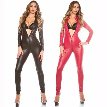 2017 Salopeta Sexy Pentru Femei Vinil CatsuitLatex Faux din Piele Body cu Fermoar Deschis Picioare din PVC Tricou negru rosu