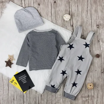 2018 baietel Haine 3pcs Seturi de Îmbrăcăminte de Bumbac cu Dungi -tricou+Bavete Pantaloni+Capac Model Stea de Moda Nou-născut Bebes Haine