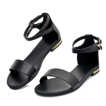 2018 moda noua, piele de vacă vara sandale plate sexy confort pantofi pentru femei din piele dublu cataramă sandale