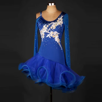 2018 nou dans latino rochie fete mâneci Lungi albastru de dans latino, costume pentru femei diamond latină rochii pentru fete de concurență
