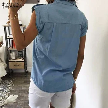 2018 Vara Femei Butoanele De Epocă Buzunare Bluze Sexy Doamnelor Fără Mâneci Blugi Denim Albastru, Tricouri Casual Blusas Topuri Plus Dimensiune