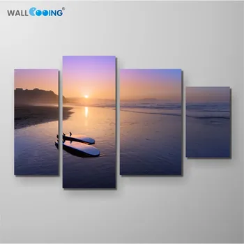 4 panouri de panza pictura Vara podoabă Albastru apus de soare pe plaja de coastă, nava a eșuat imagine de uz Casnic imagine stil Modern de perete