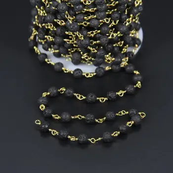 6mm Negru Lava Rotund Lanț de Șirag de mărgele,Delicat Rozariul Stil Margele Lanț, Placat cu Aur de 24k Sârmă Învelite Link-ul de Ambarcațiuni Lanț Vrac en-Gros