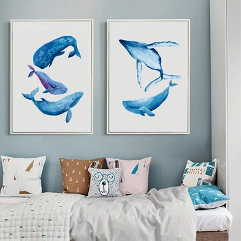 Acuarelă Balenă, Delfin Pictura De Perete De Arta De Imprimare Imagini, Pictate Manual Balena Panza Pictura Poster Art Decor Baie
